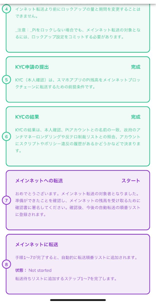 パイネットワークのアプリ内、メインネットチェックリストのスクリーンショットです。KYC（No.6）が完了したとの文言と、背景が紫から緑に変わった様子が見られます。リストNo.7、No.8は未完了なので背景が紫です。